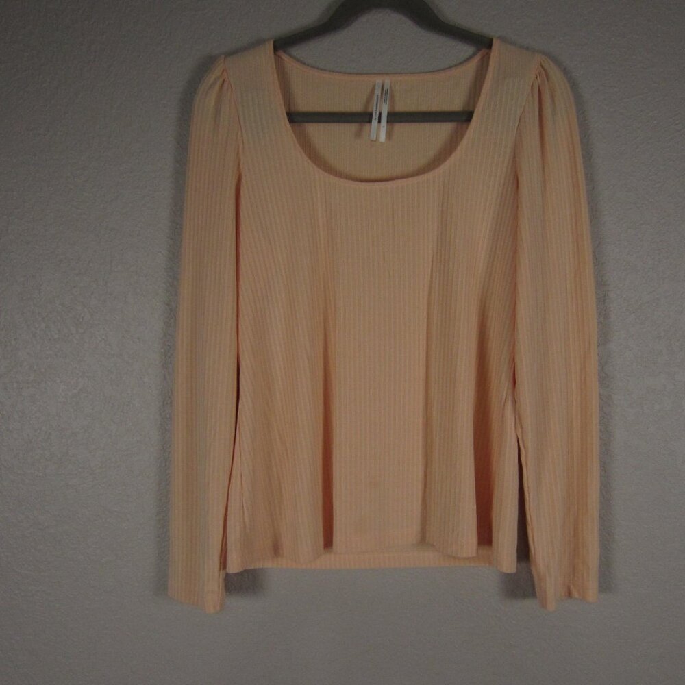 ANTHROPOLOGIE‎ Top Women Size Large Peach Ribbed Knit Puff Shoulder Long Sleeve